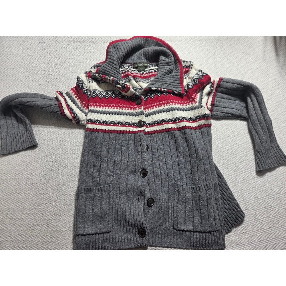 Eddie Bauer Womens L Fair Isle Cardigan Sweater Merino Wool Blend Nordic Gray